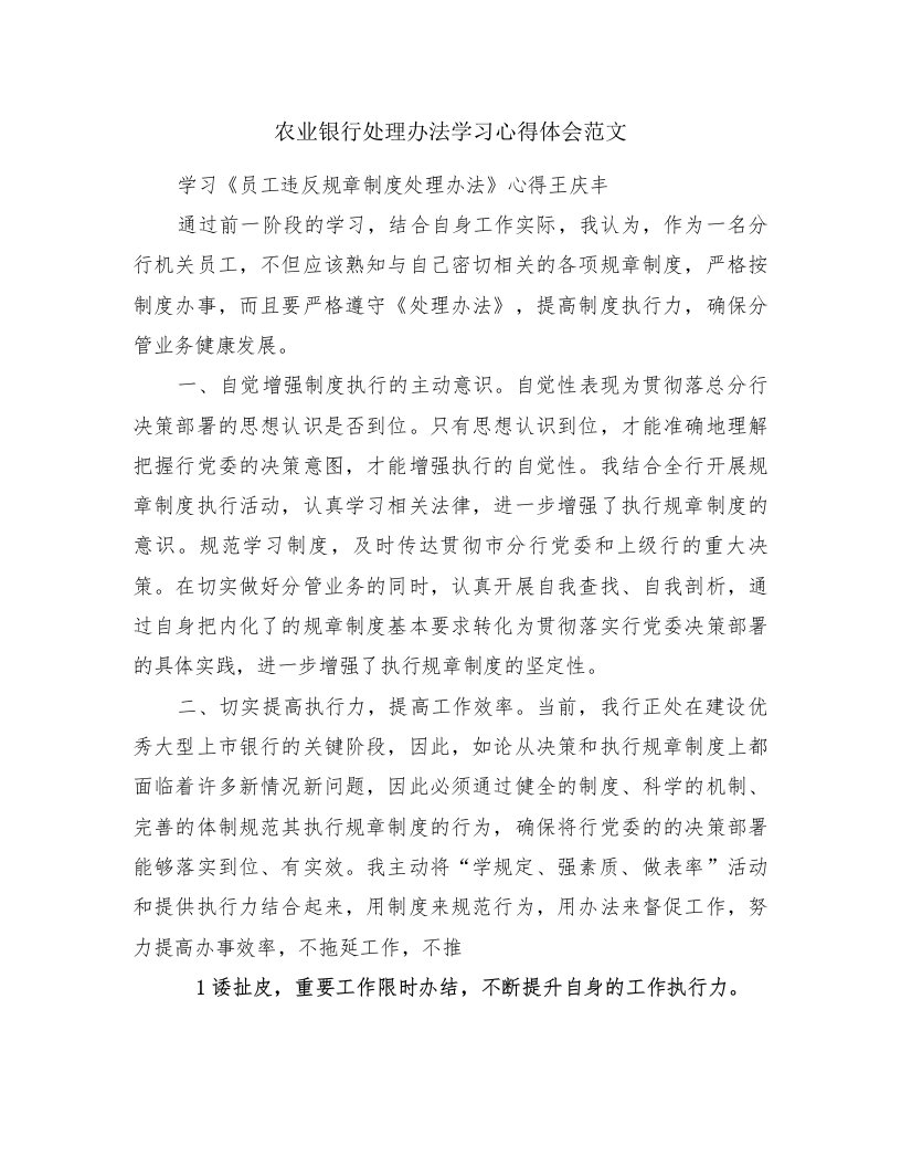 农业银行处理办法学习心得体会范文