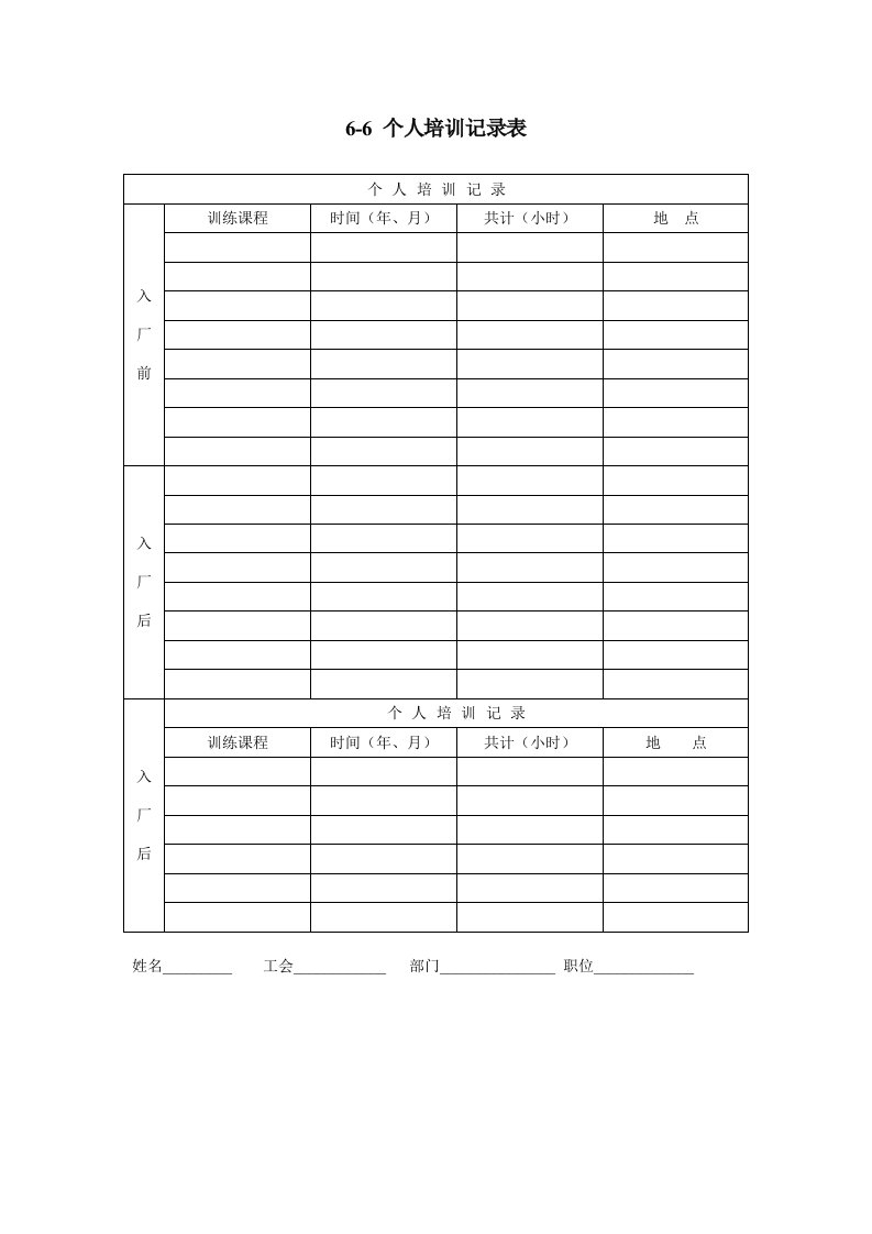 表格模板-个人培训记录表