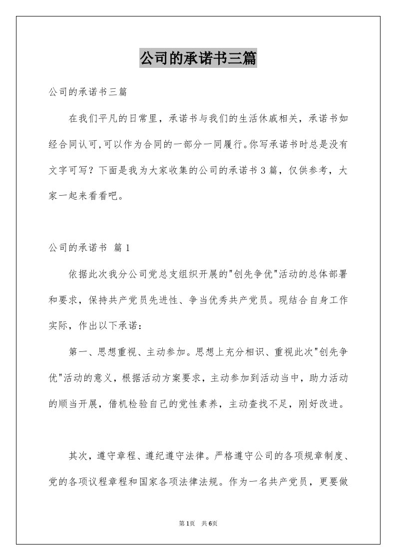 公司的承诺书三篇范文