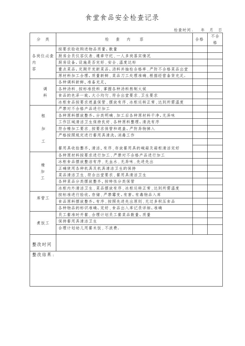 幼儿园食堂食品安全检查记录表