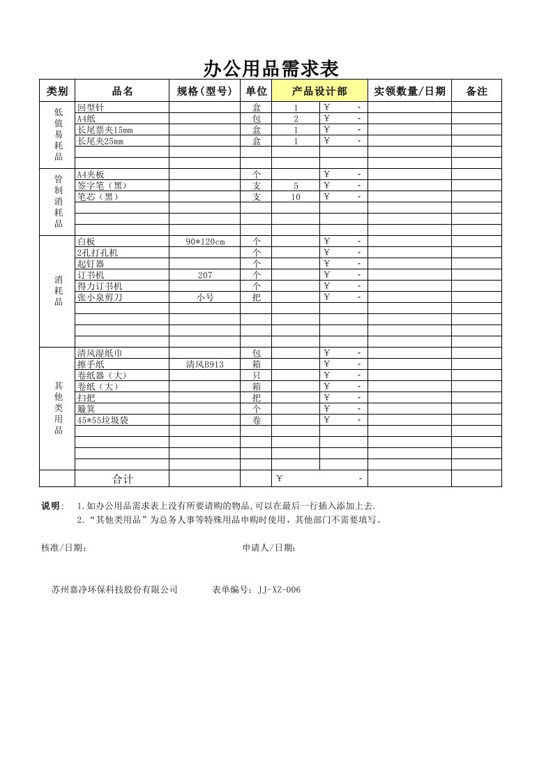 产品设计部办公用品需求表