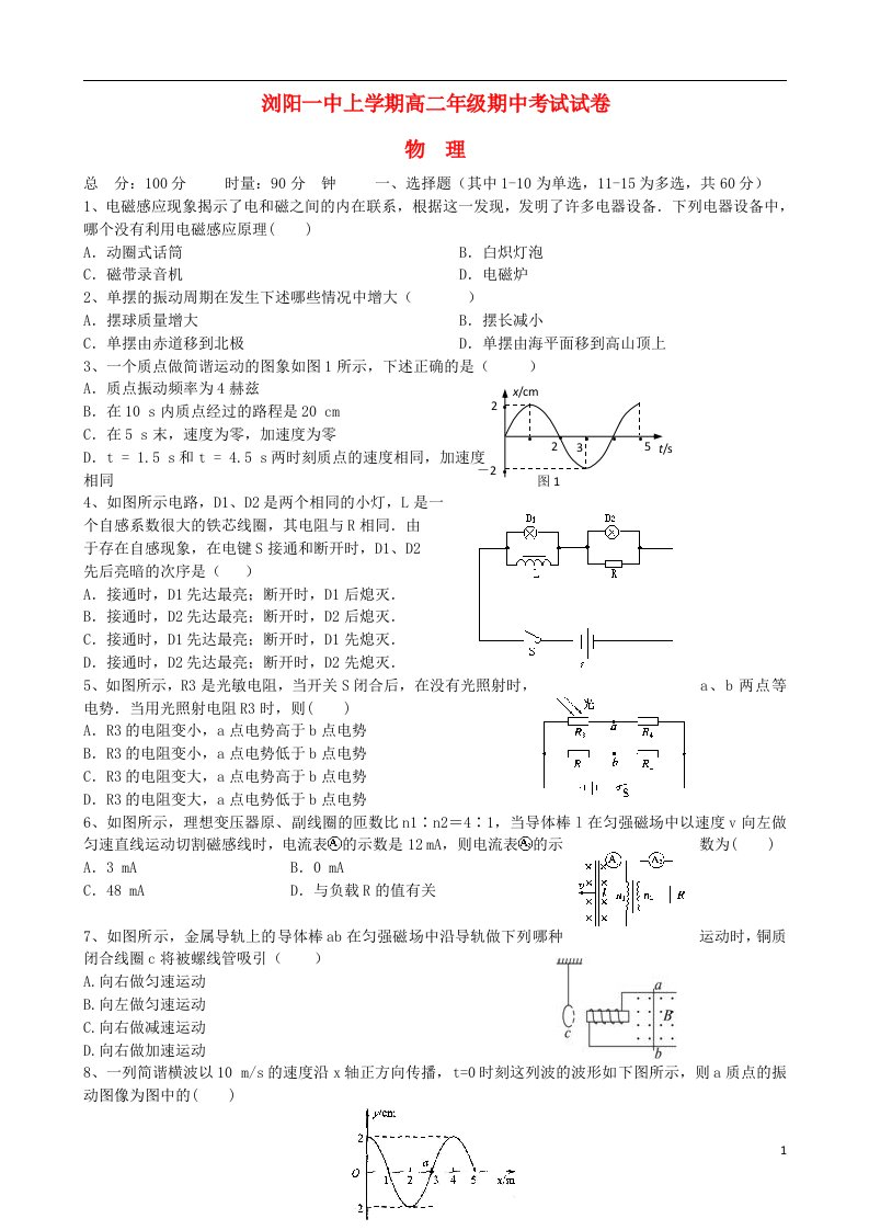 湖南省浏阳一中高二物理下学期期中试题新人教版