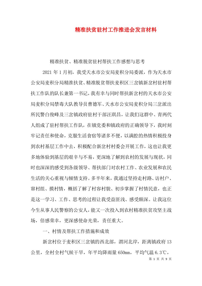 精准扶贫驻村工作推进会发言材料（一）