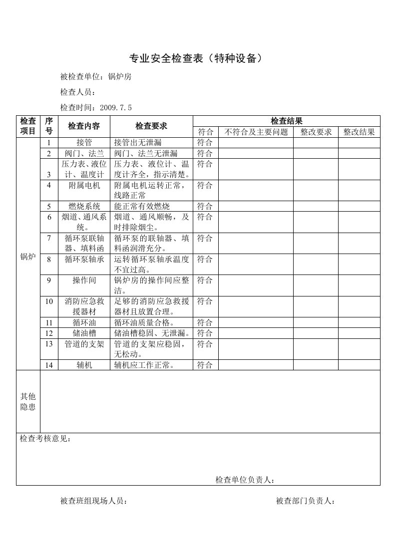 特种设备-锅炉检查表