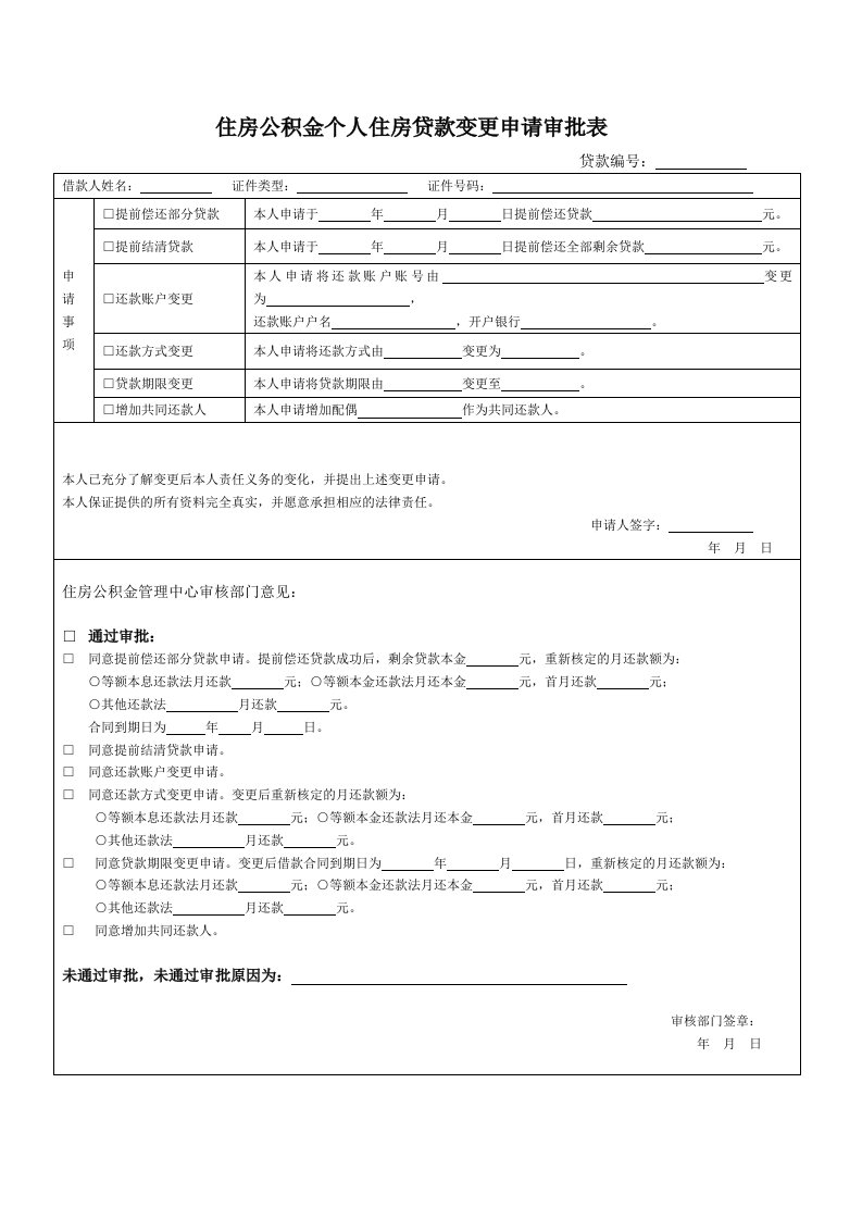 住房公积金个人住房贷款变更申请审批表