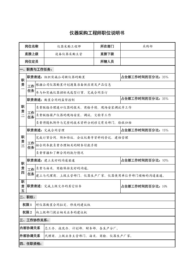 精选仪器生产企业仪器采购工程师职位说明书