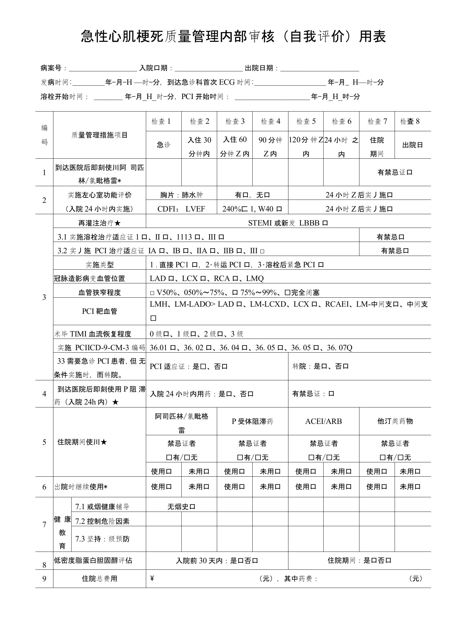 七个单病种质量管理自我评价简表