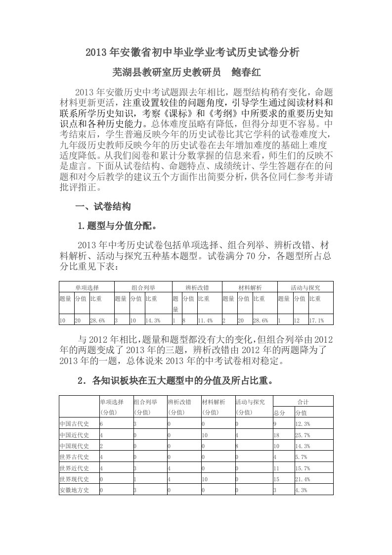 2013年安徽省历史中考试卷分析