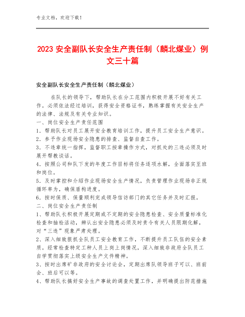 2023安全副队长安全生产责任制（麟北煤业）例文三十篇