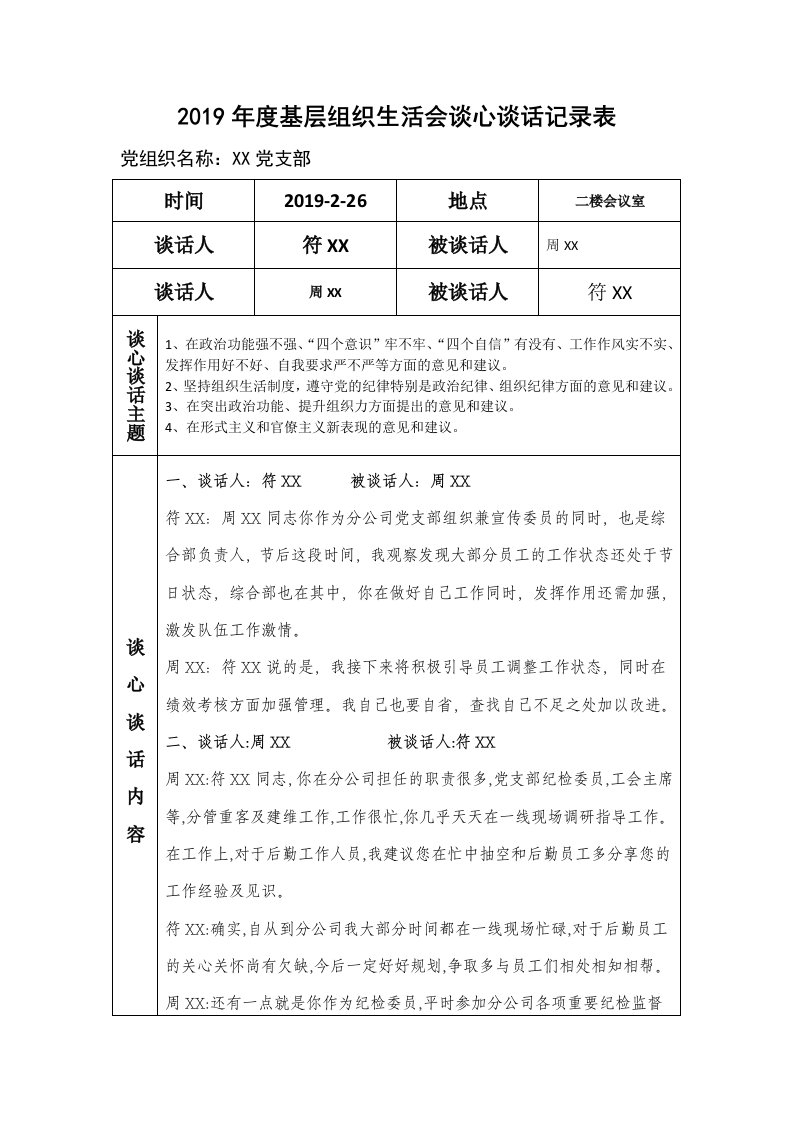 基层组织生活会谈心谈话记录表