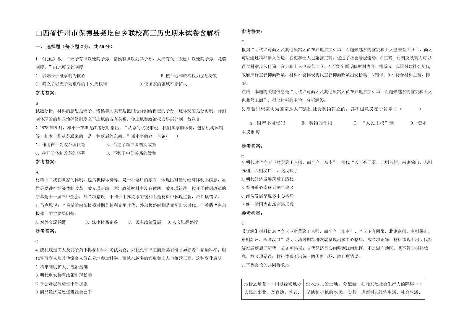 山西省忻州市保德县尧圪台乡联校高三历史期末试卷含解析