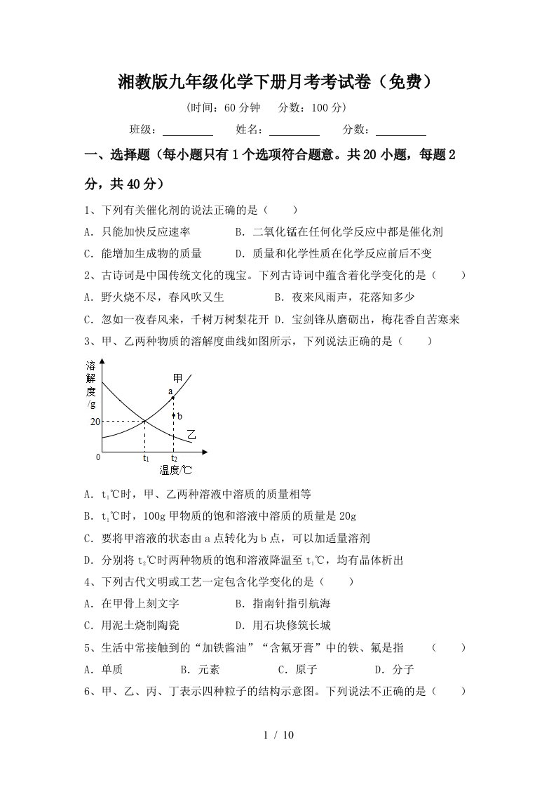 湘教版九年级化学下册月考考试卷免费