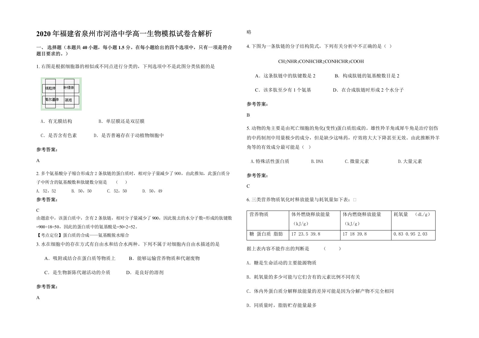 2020年福建省泉州市河洛中学高一生物模拟试卷含解析