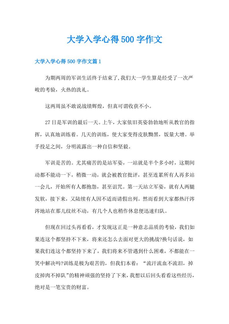 大学入学心得500字作文