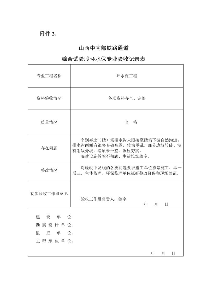 铁路通道综合试验段环水保专业验收记录表