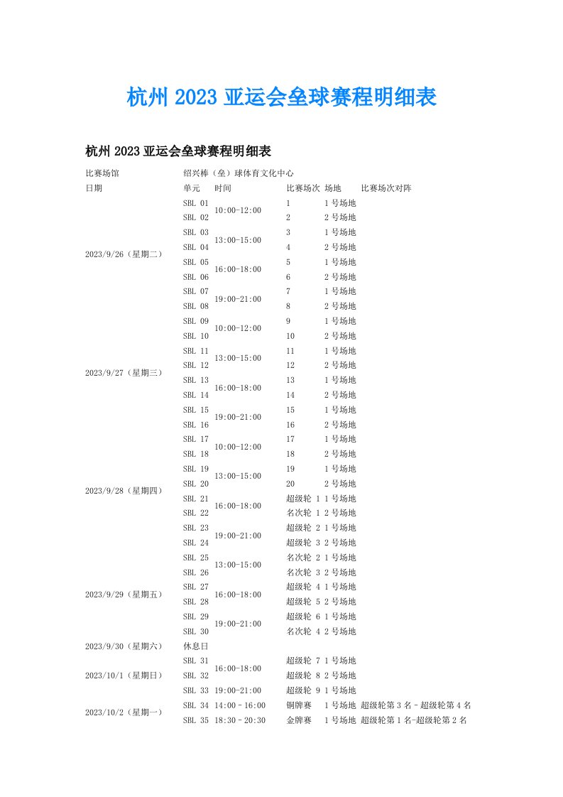 杭州2023亚运会垒球赛程明细表