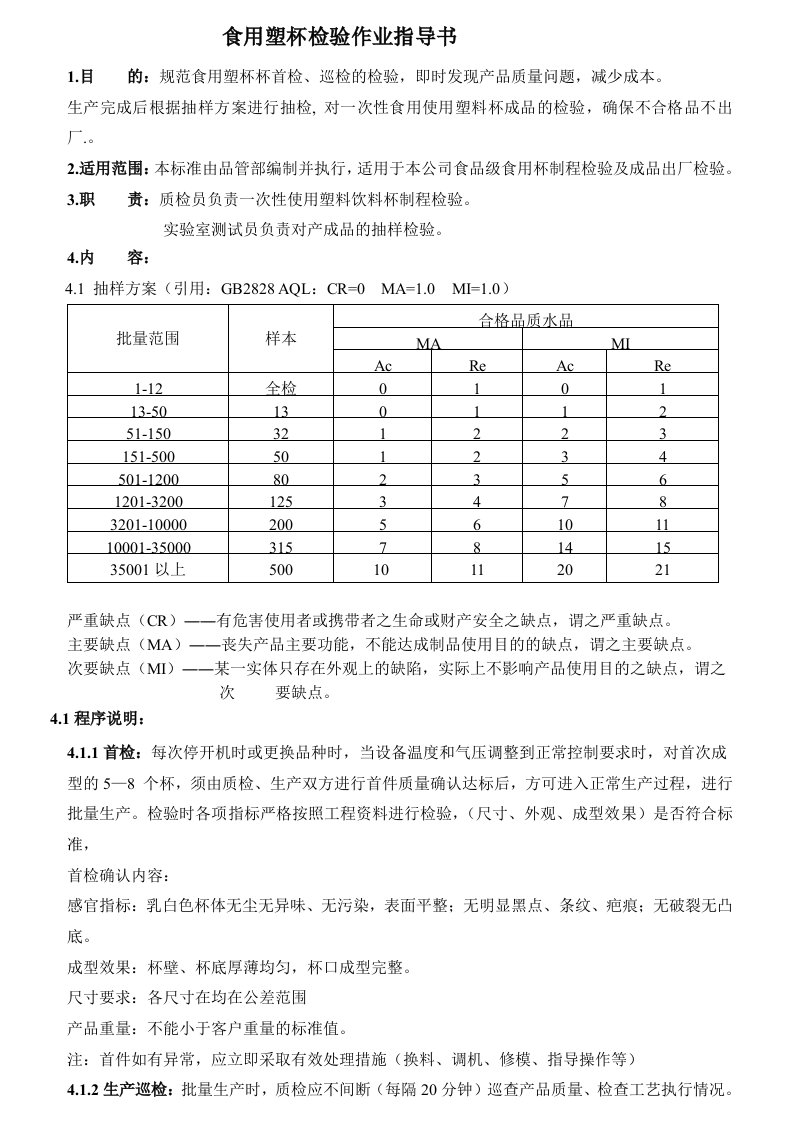 食用塑杯检验作业指导书