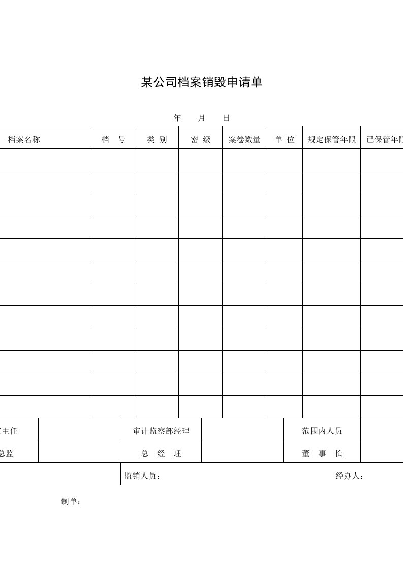 推荐-某公司档案销毁申请单