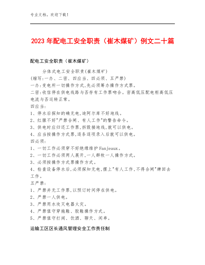 2023年配电工安全职责（崔木煤矿）例文二十篇