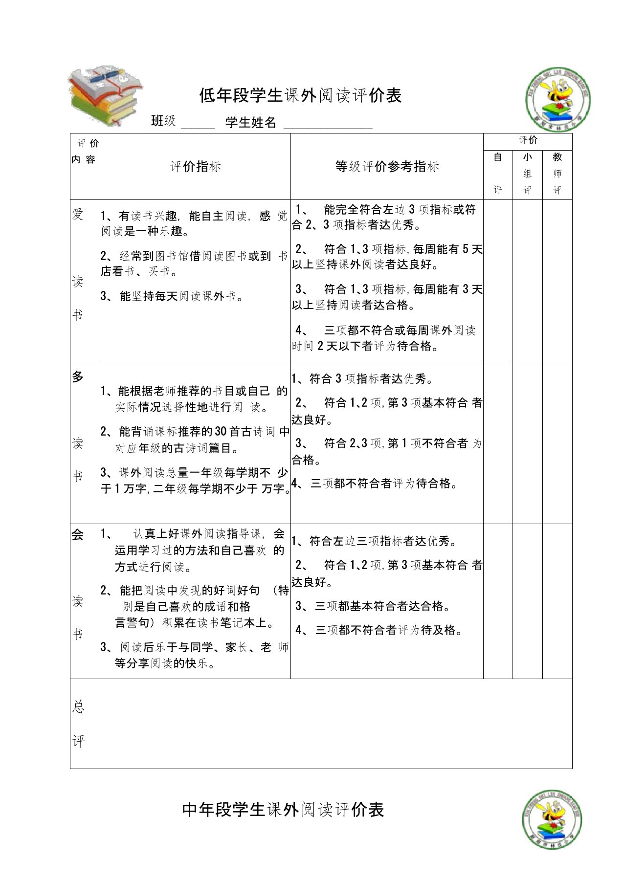 低中高年级课外阅读评价表