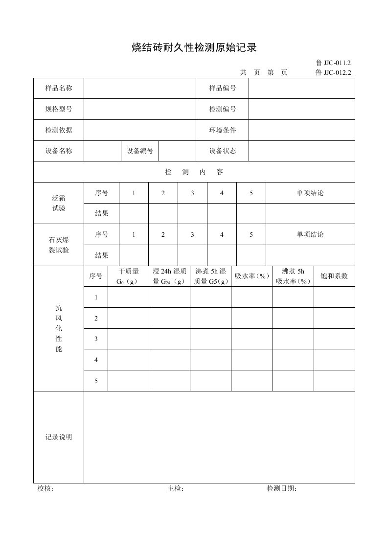 建筑资料-鲁JJC01120122烧结砖耐久性检测原始记录