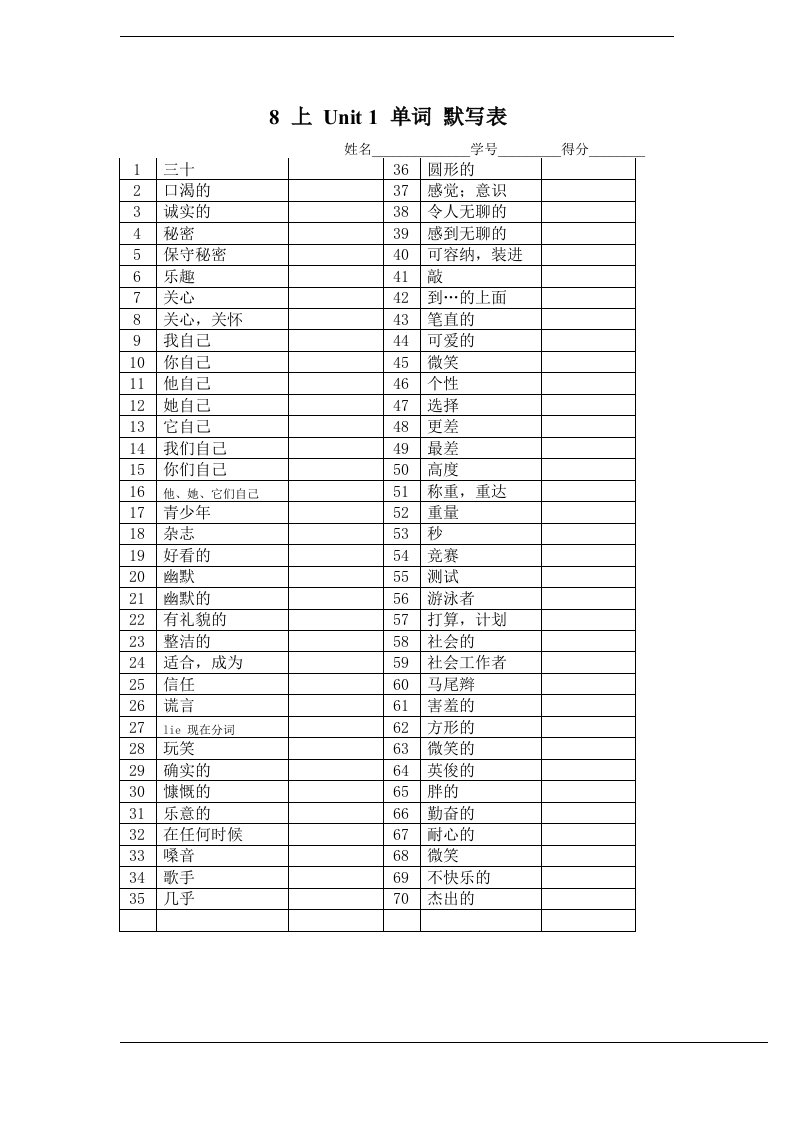 牛津初中英语译林版8A全册单词默写表