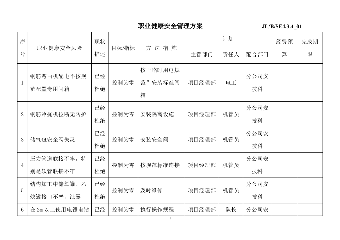 职业健康安全管理实施方案JL