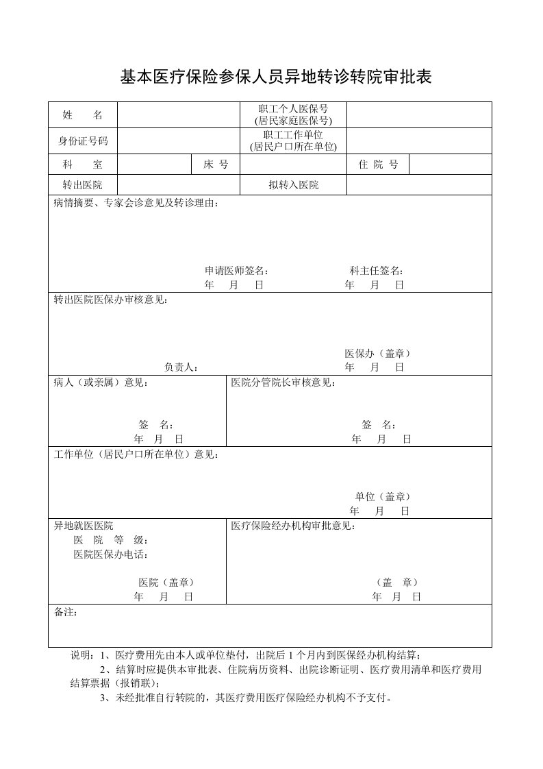 基本医疗保险参保人员异地转诊转院审批表