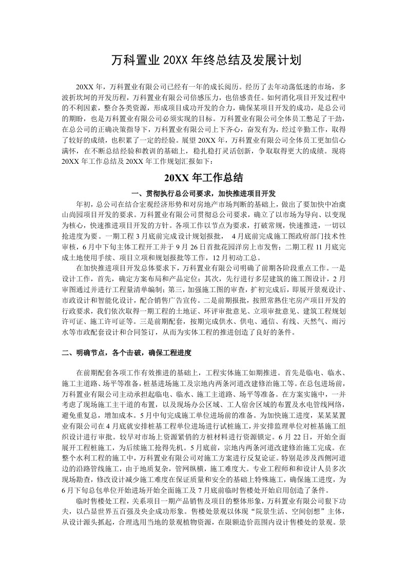 年度报告-万科置业X年终总结及发展计划