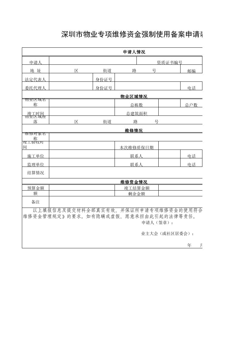 深圳市物业专项维修资金强制使用备案申请表