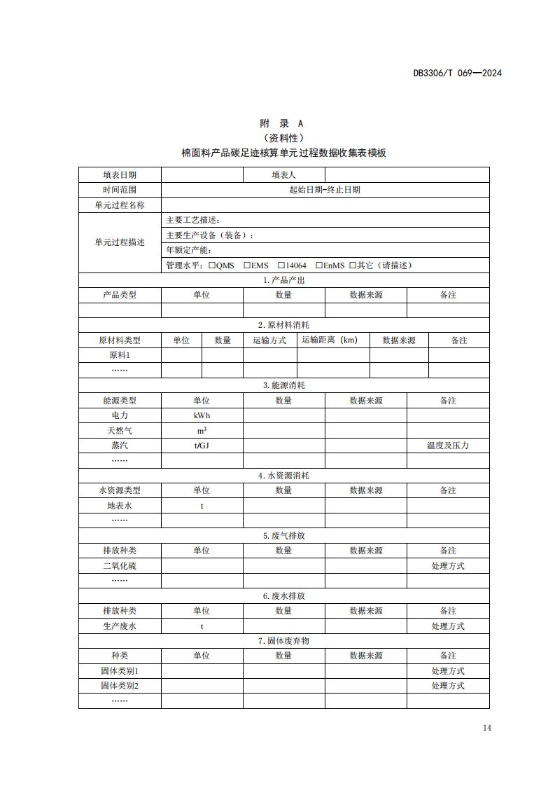 棉面料产品碳足迹核算单元过程数据收集表模板、数据质量评价、碳足迹贡献分析示例、评价报告框架