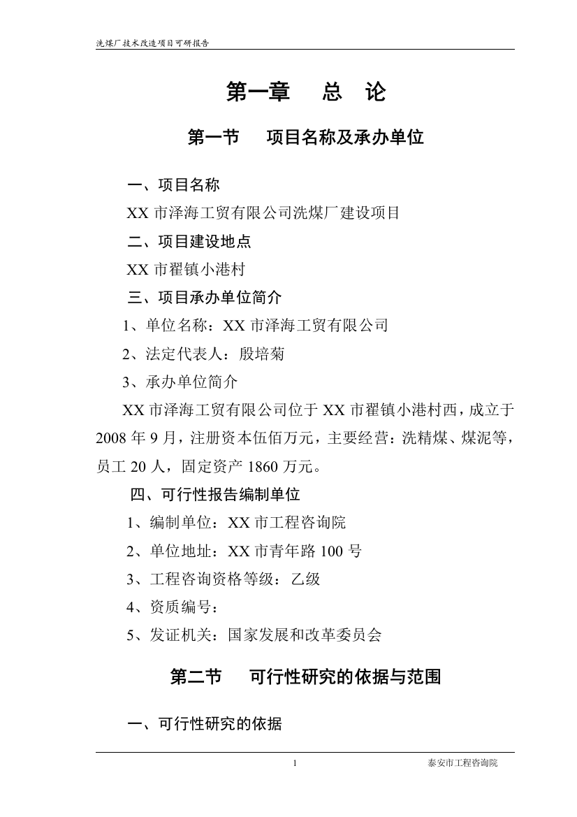 洗煤厂项目申请立项可行性分析研究论证报告