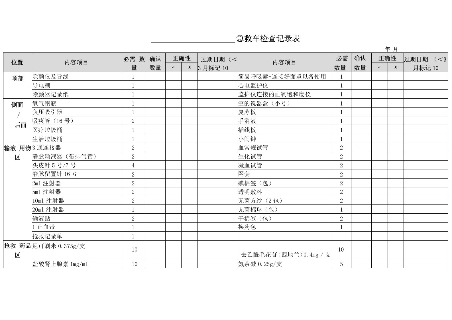 抢救车急救车检查记录表