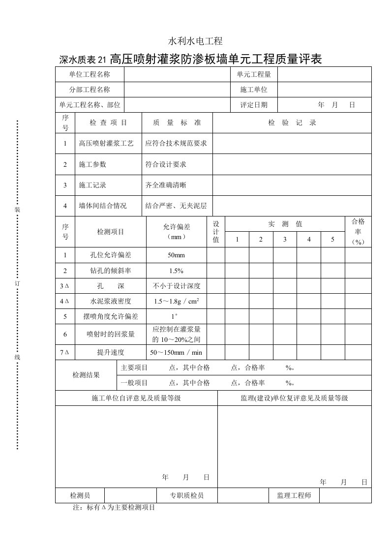 工程资料-深水质表21高压喷射灌浆防渗板墙单元工程质量评定表