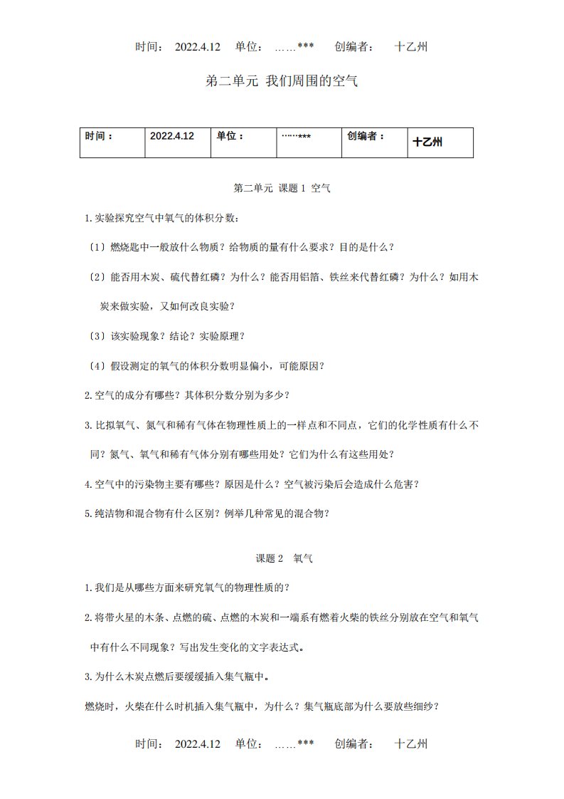 九年级化学重难点暑期预习弟二单元我们周围的空气试题