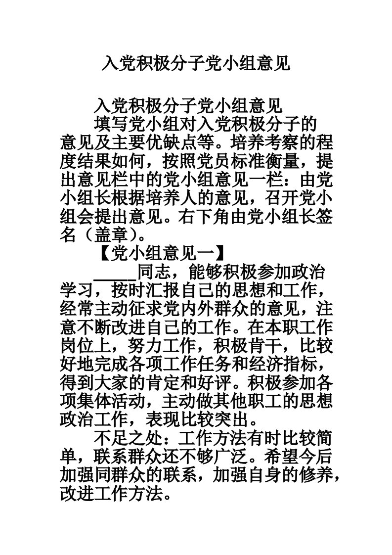 入党积极分子党小组意见