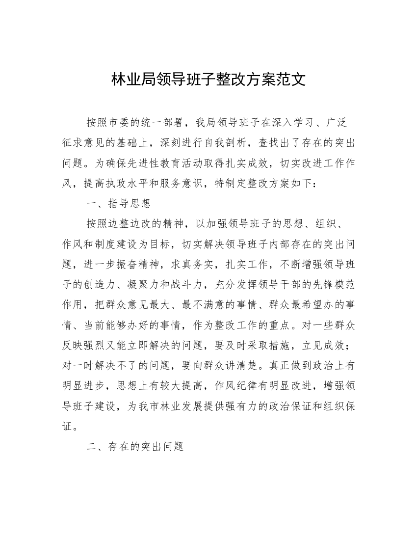 林业局领导班子整改方案范文