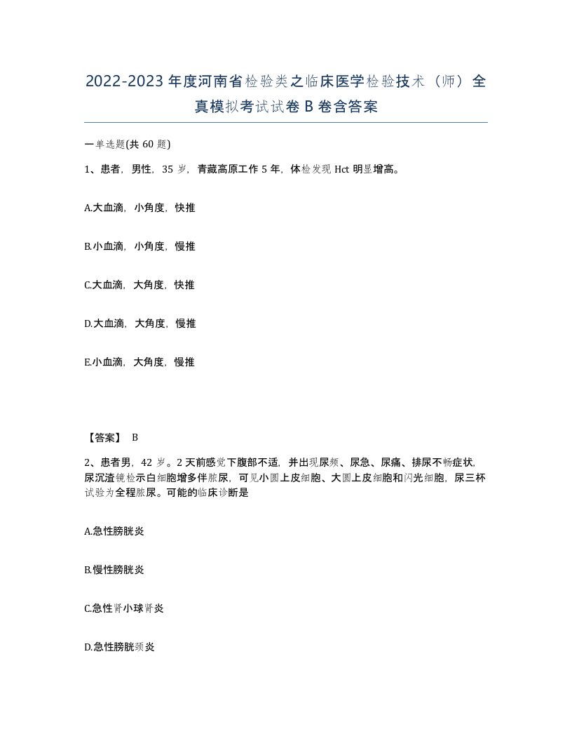 2022-2023年度河南省检验类之临床医学检验技术师全真模拟考试试卷B卷含答案