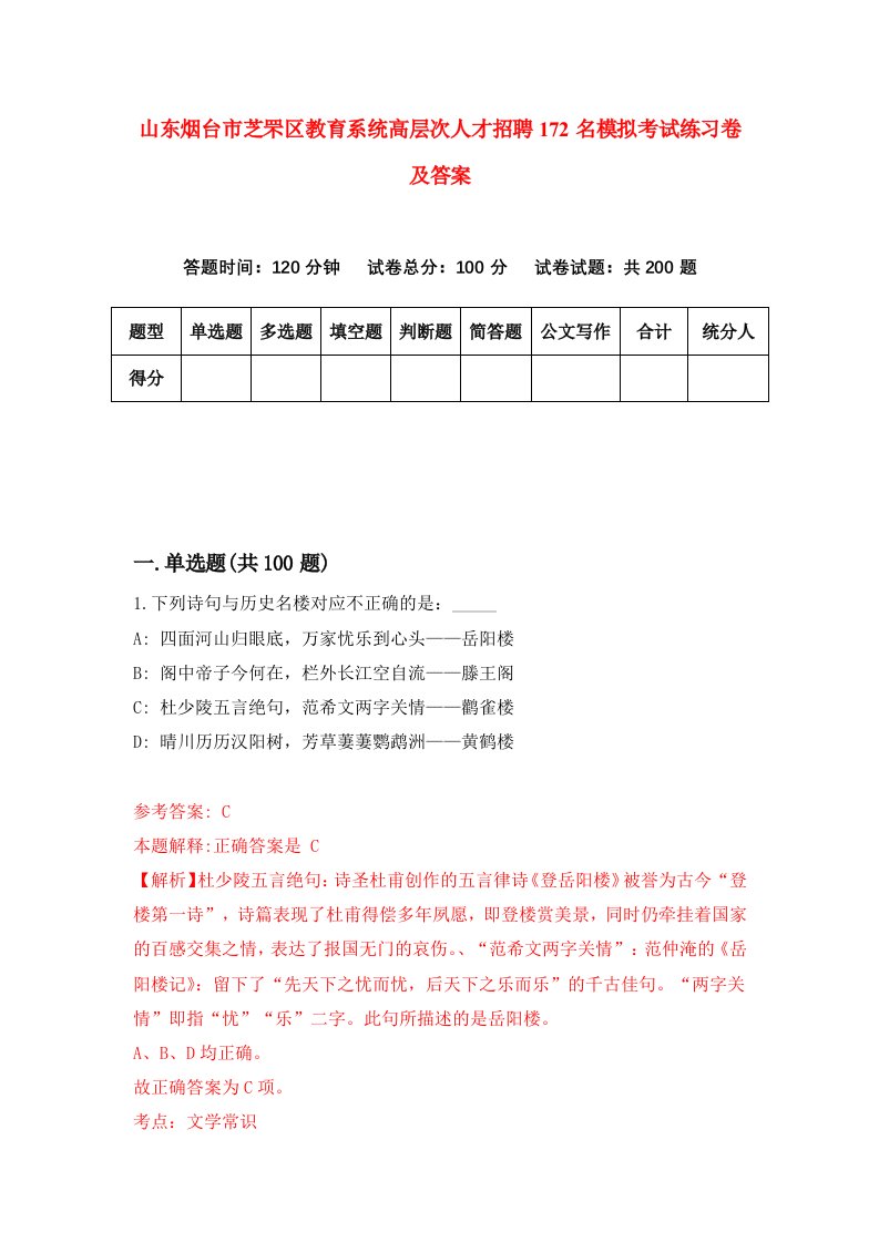 山东烟台市芝罘区教育系统高层次人才招聘172名模拟考试练习卷及答案第8卷