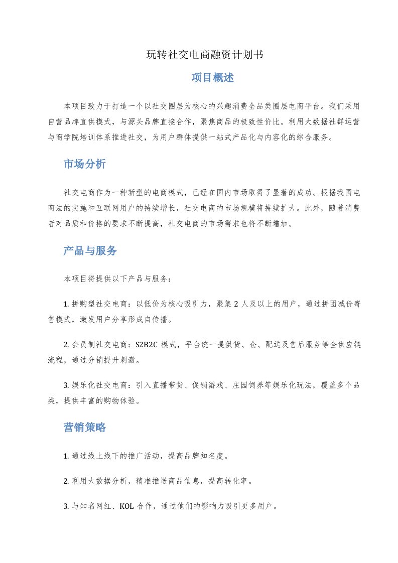 玩转社交电商融资计划书