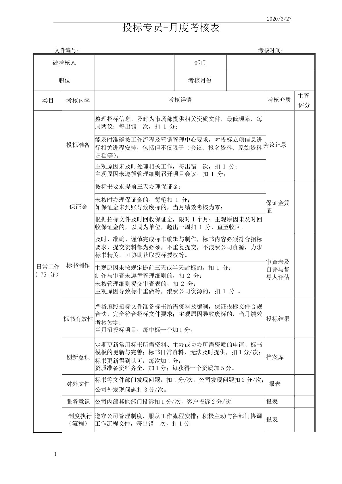 投标专员度绩效考核表