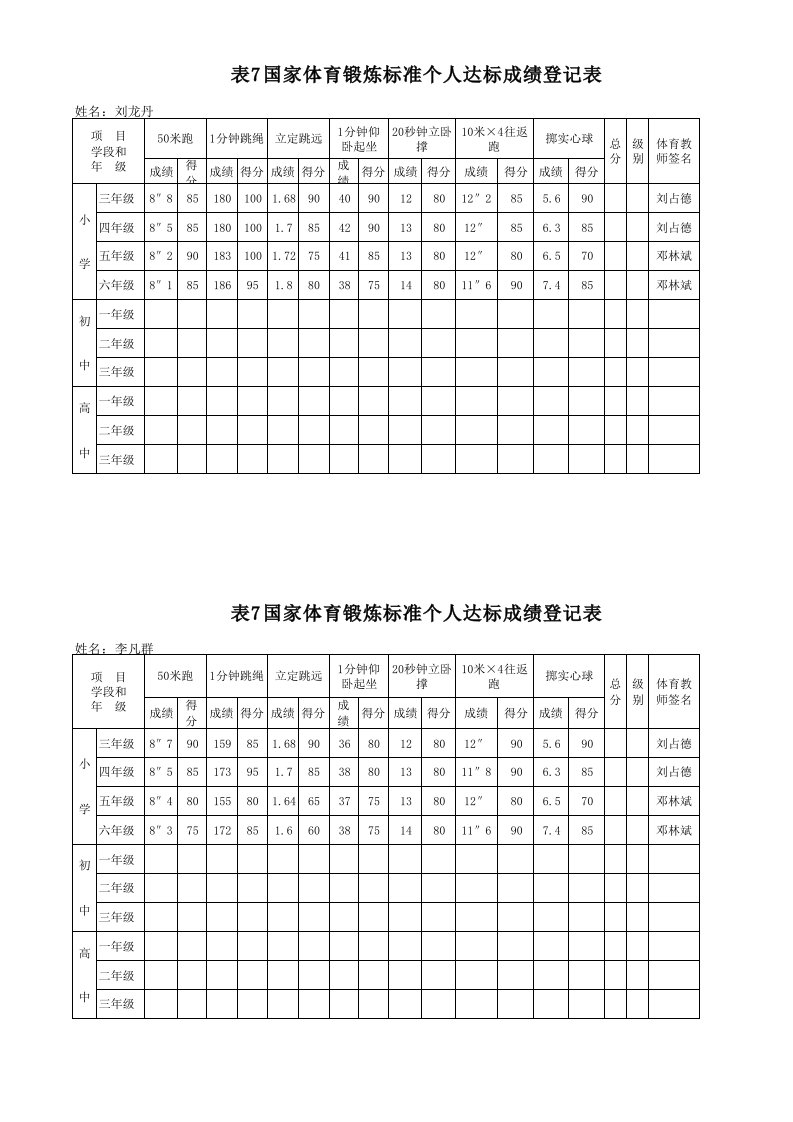 体育达标成绩登记表