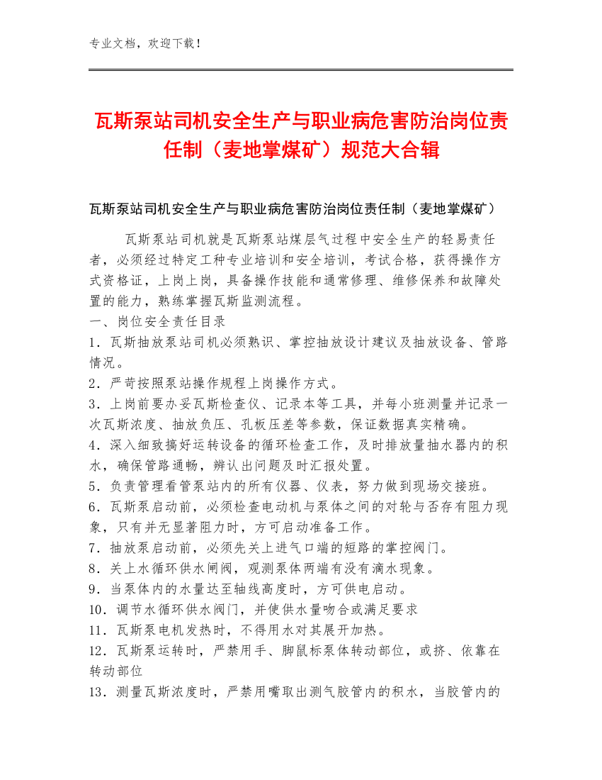 瓦斯泵站司机安全生产与职业病危害防治岗位责任制（麦地掌煤矿）规范大合辑