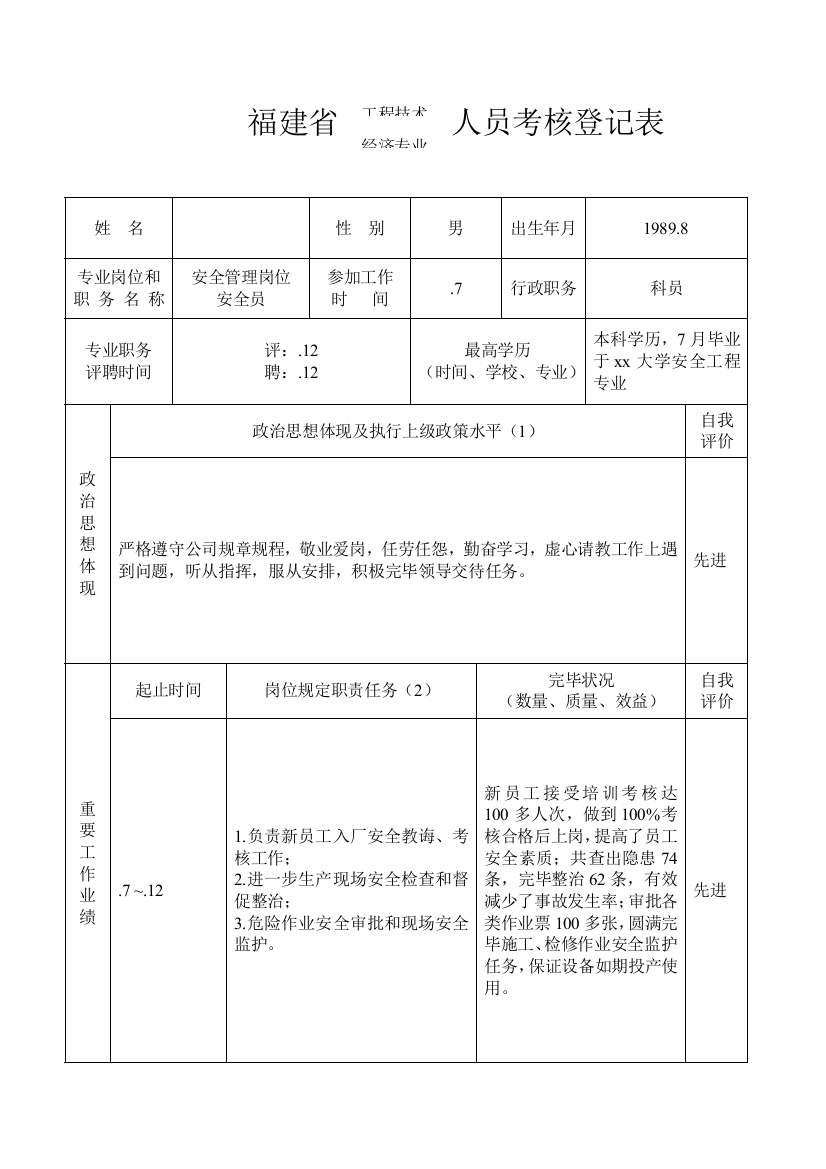 福建省工程技术经济专业人员考核登记表样本