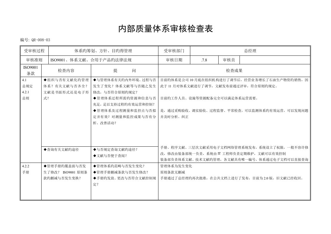 质量管理体系内审检查表样本