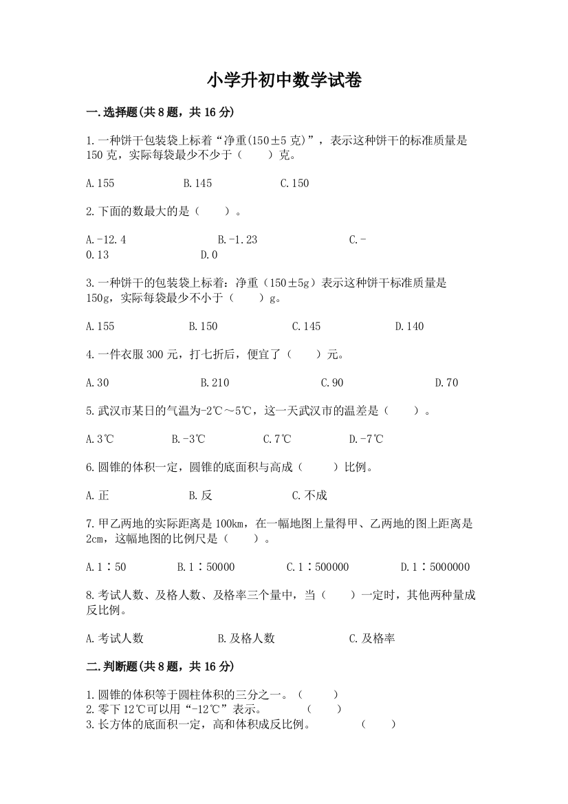 小学升初中数学试卷（名师系列）