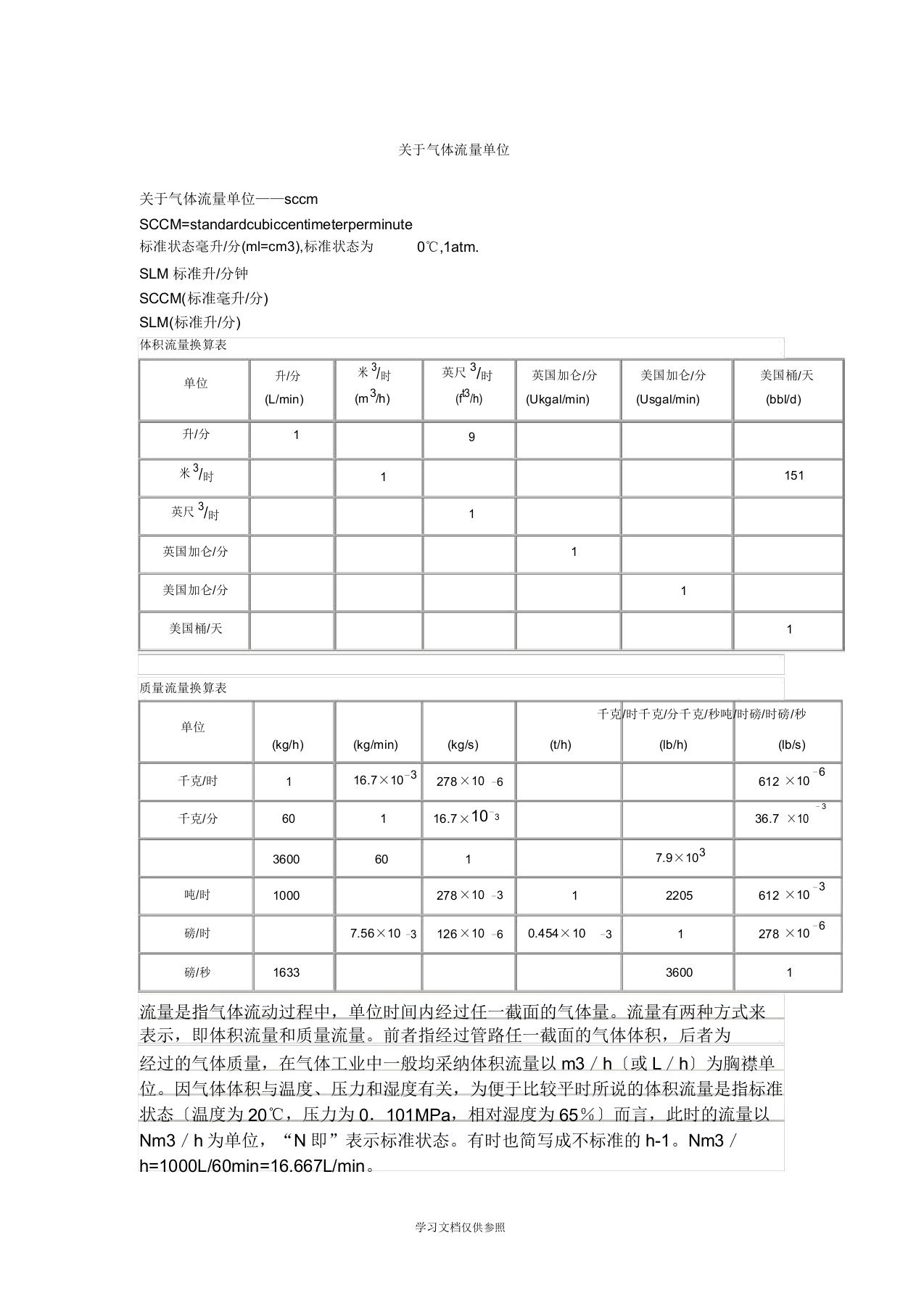 关于气体流量单位