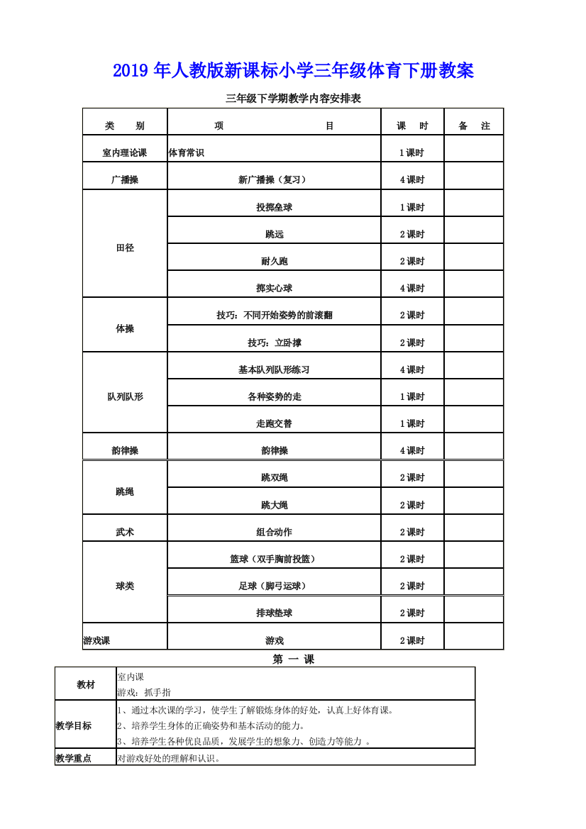 2019年人教版新课标小学三年级体育下册教案[1]