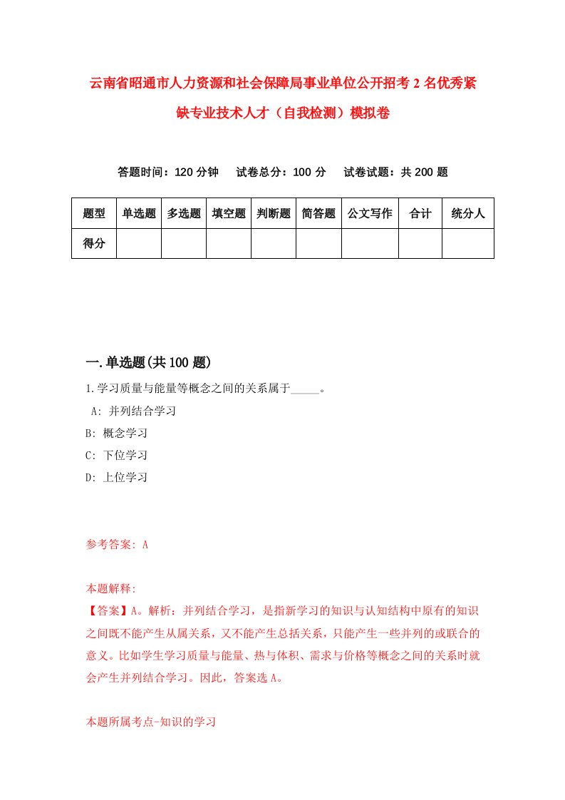 云南省昭通市人力资源和社会保障局事业单位公开招考2名优秀紧缺专业技术人才自我检测模拟卷2