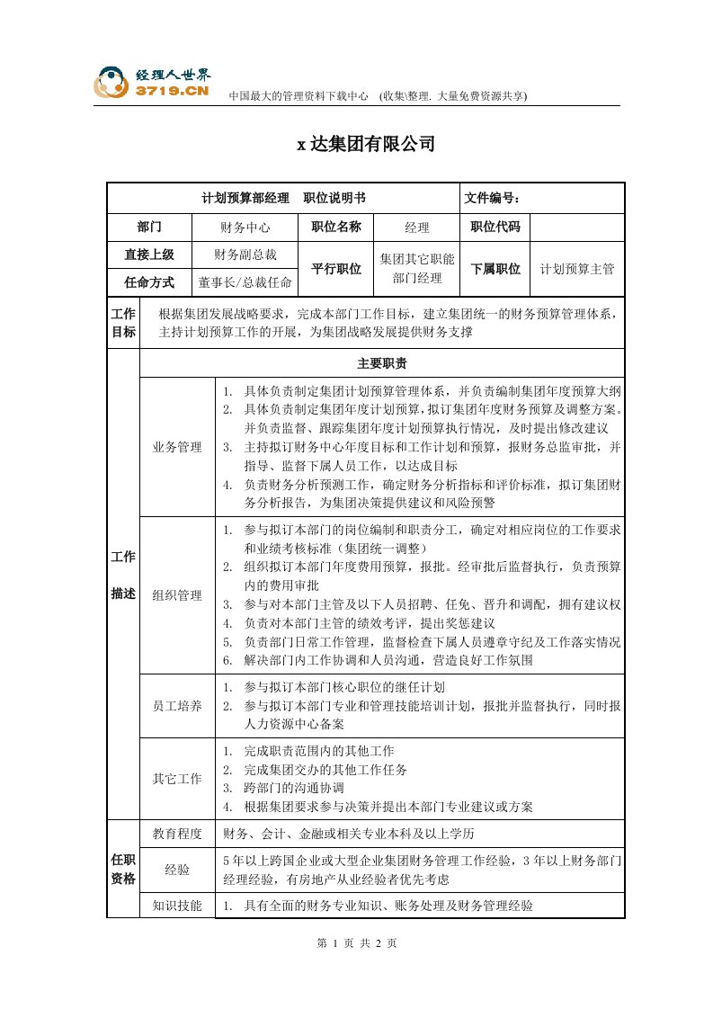 x达房地产集团计划预算部经理职位说明书(doc)-财务制度表格